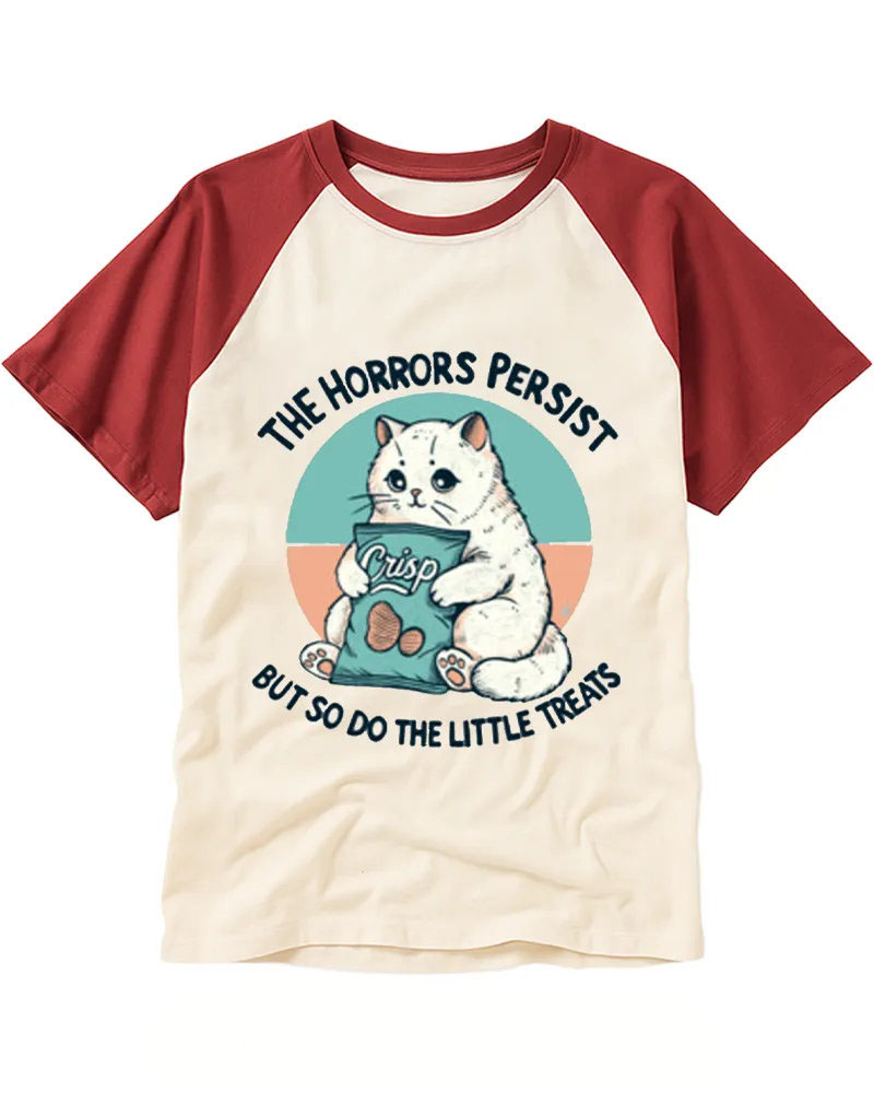 Retro Snack-Loving Cat Cotton Raglan Tee