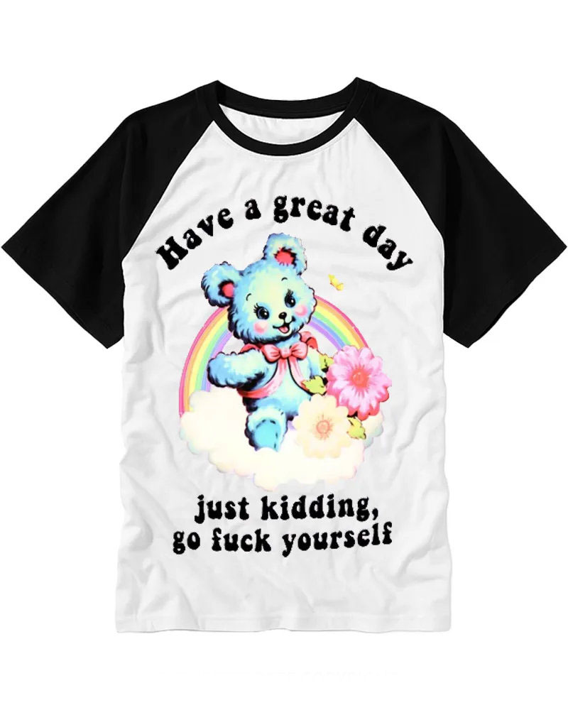 Vintage Sarcastic Teddy Bear Graphic Cotton Raglan T-Shirt