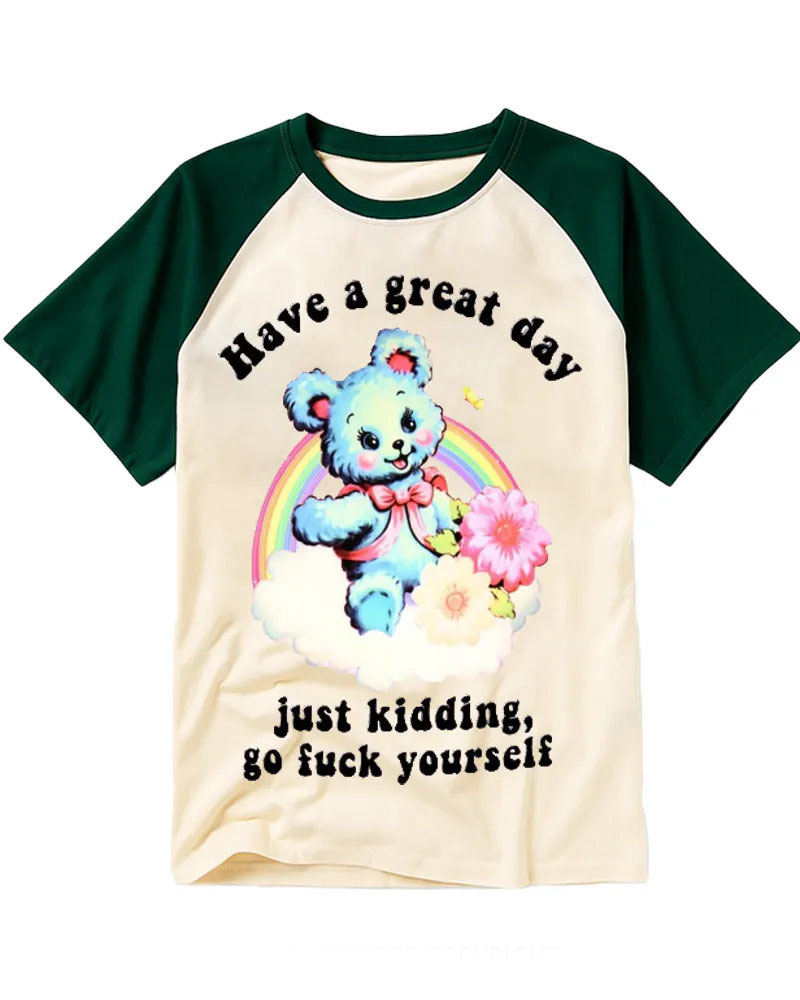 Vintage Sarcastic Teddy Bear Graphic Cotton Raglan T-Shirt