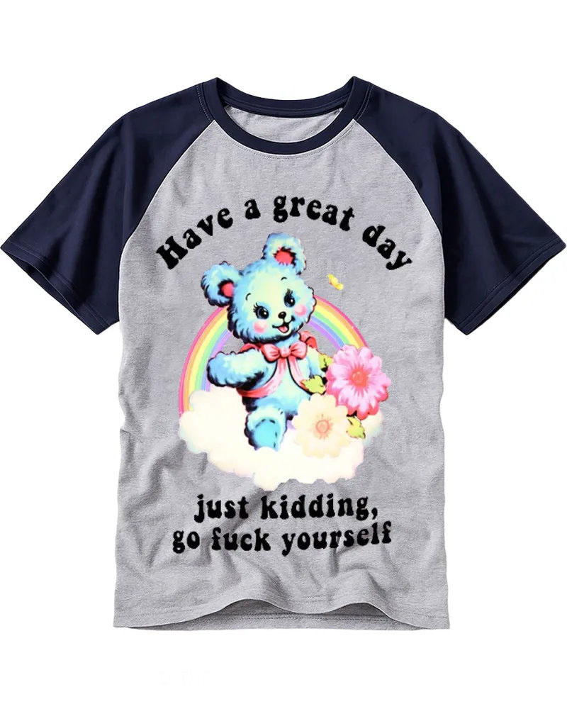Vintage Sarcastic Teddy Bear Graphic Cotton Raglan T-Shirt