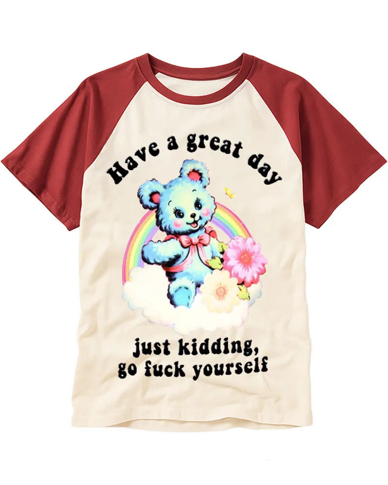Vintage Sarcastic Teddy Bear Graphic Cotton Raglan T-Shirt