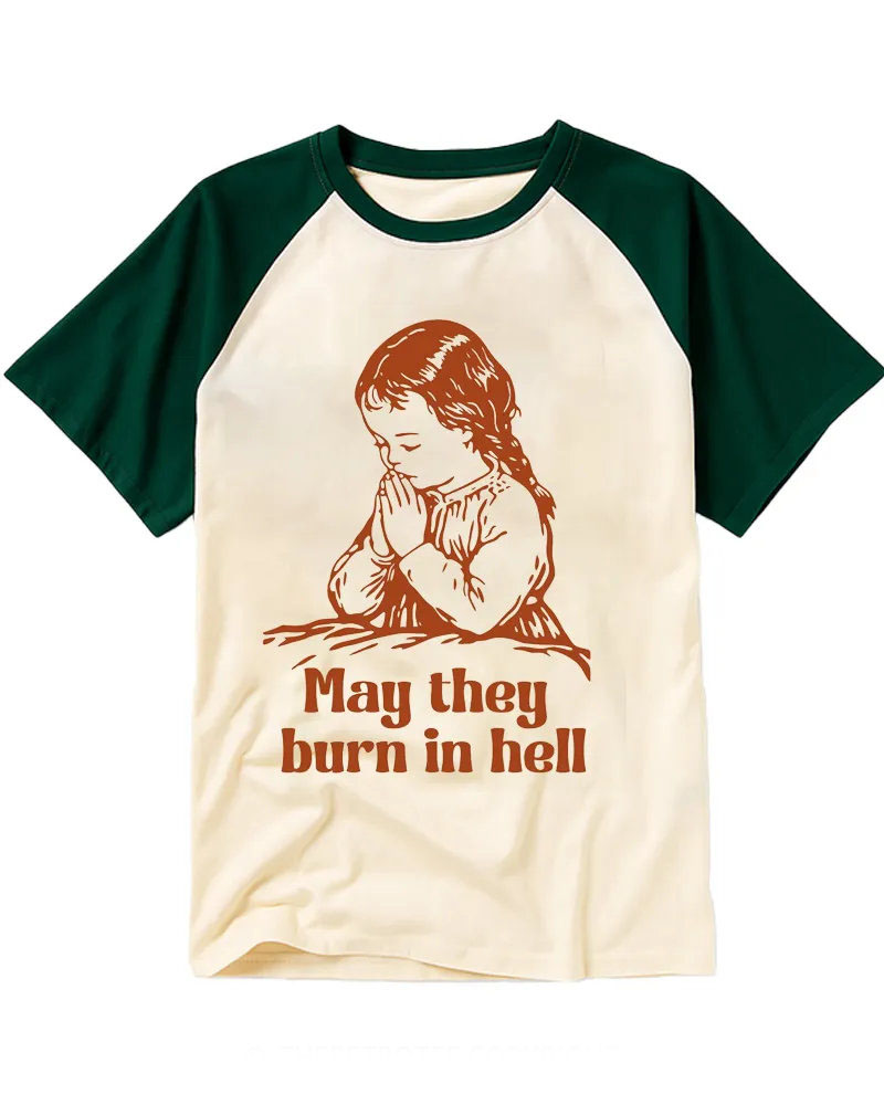 Retro Praying Girl Graphic Cotton Raglan Tee