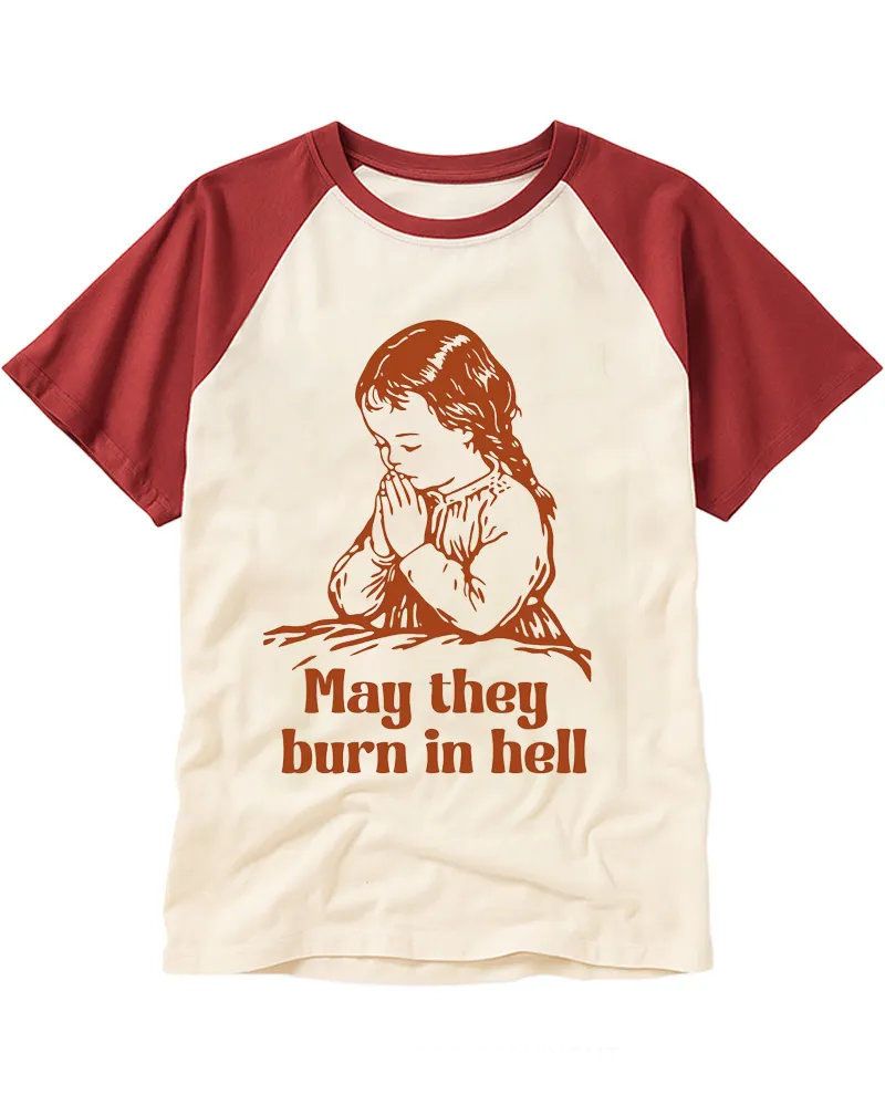 Retro Praying Girl Graphic Cotton Raglan Tee