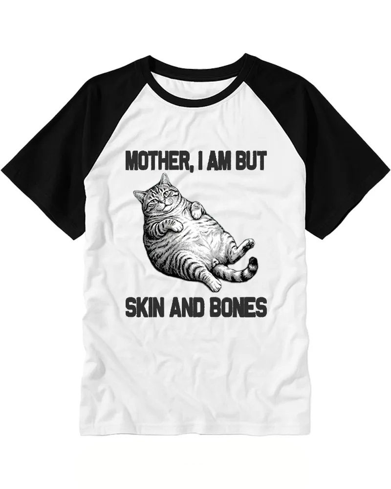 Vintage Black White Fat Cat Print Baseball Tee