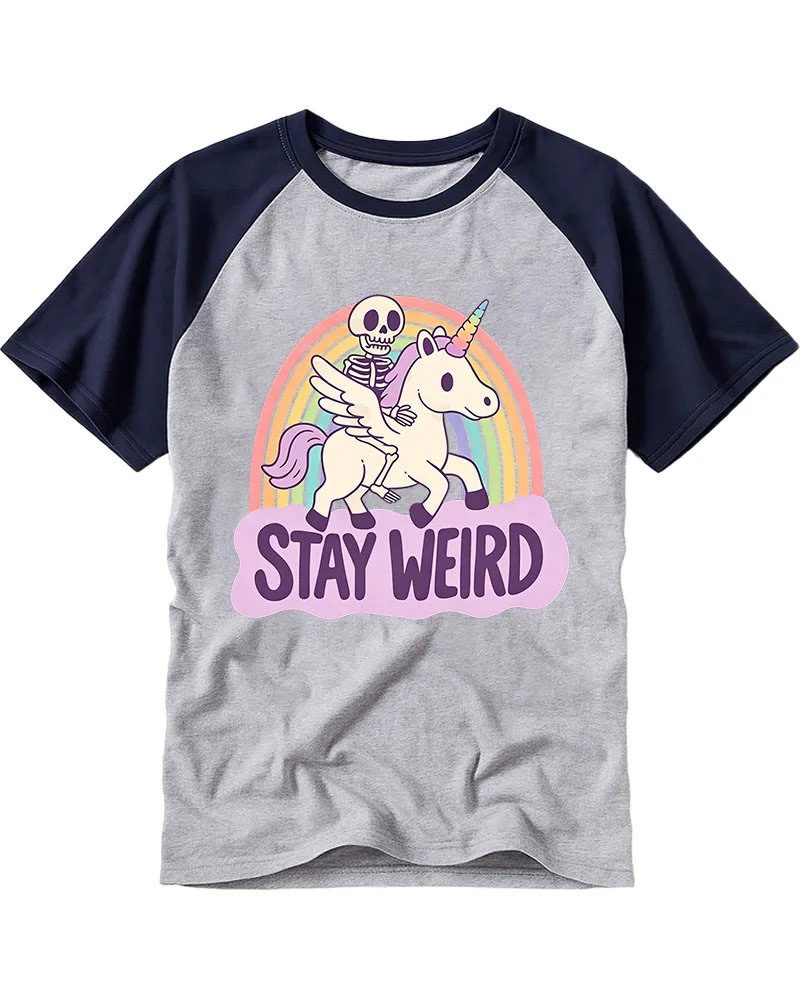 Vintage Skeleton Riding Rainbow Unicorn Cotton Raglan T-Shirt