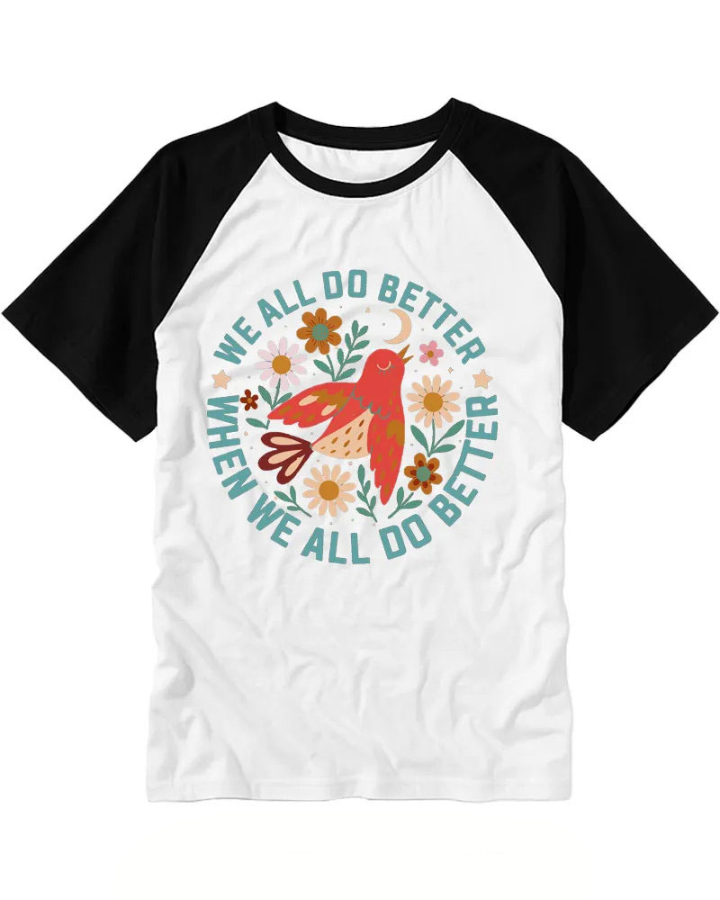 Soft Retro Floral Bird Circular Print Baseball Tee