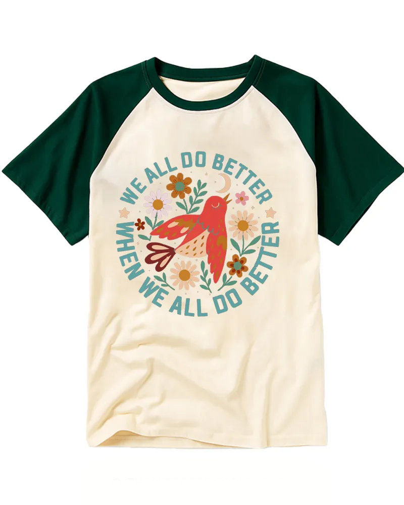 Soft Retro Floral Bird Circular Print Baseball Tee