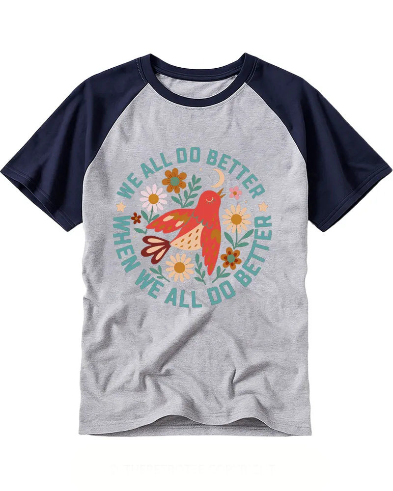 Soft Retro Floral Bird Circular Print Baseball Tee