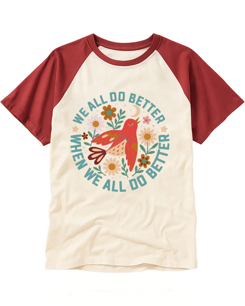 Soft Retro Floral Bird Circular Print Baseball Tee