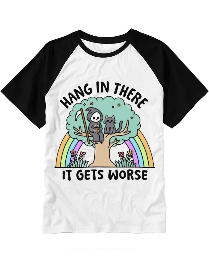 Pastel Rainbow Reaper & Cat Slogan Raglan Tee