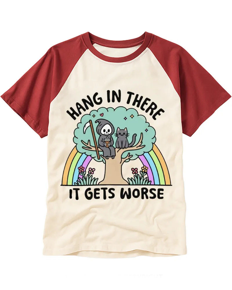 Pastel Rainbow Reaper & Cat Slogan Raglan Tee