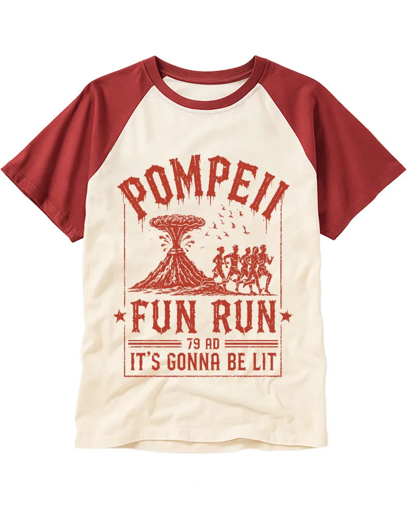 Vintage Pompeii Volcano Graphic Cotton Raglan T-Shirt