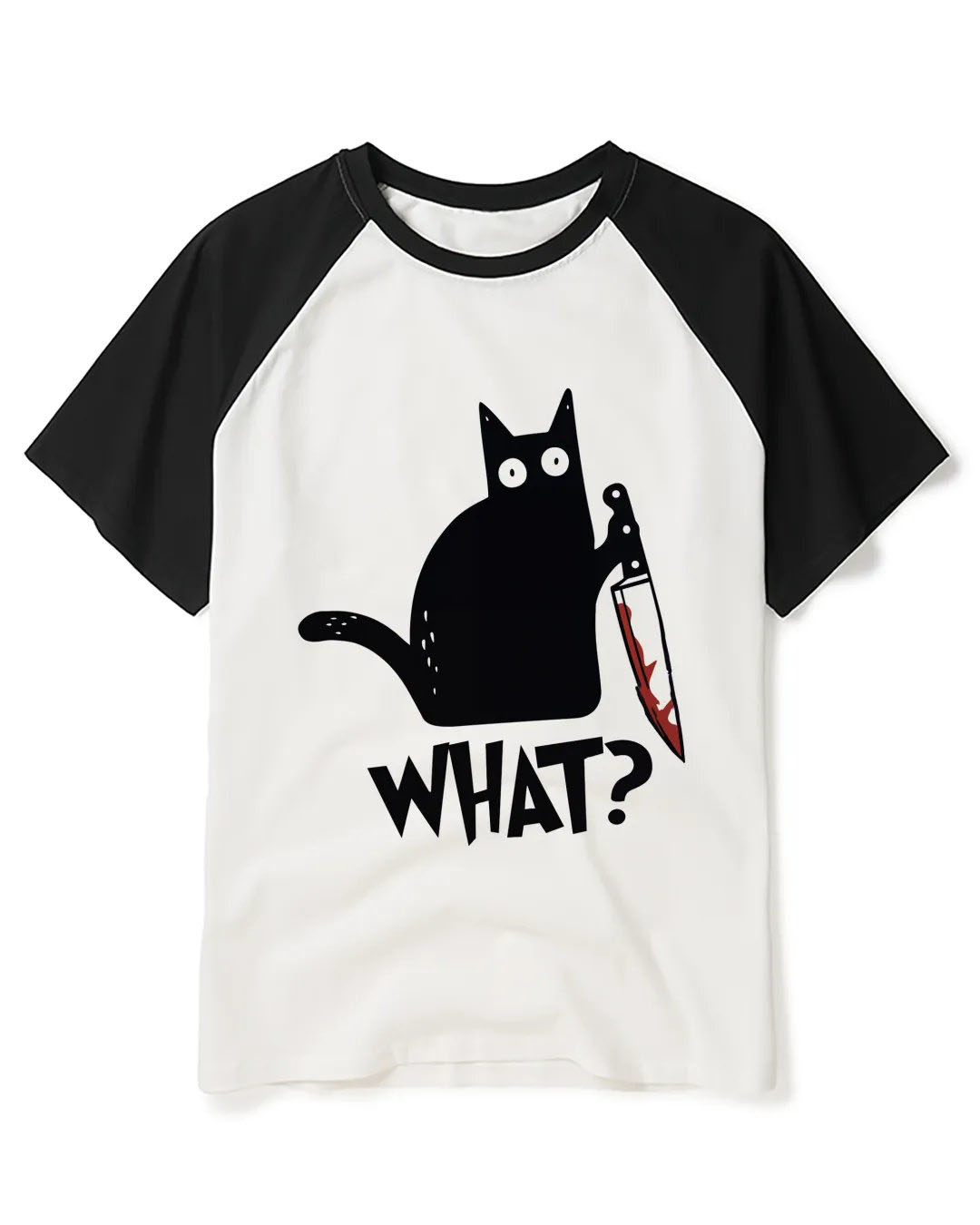 What Black Cat With Knife Scary Halloween Raglan Baseball T-Shirt