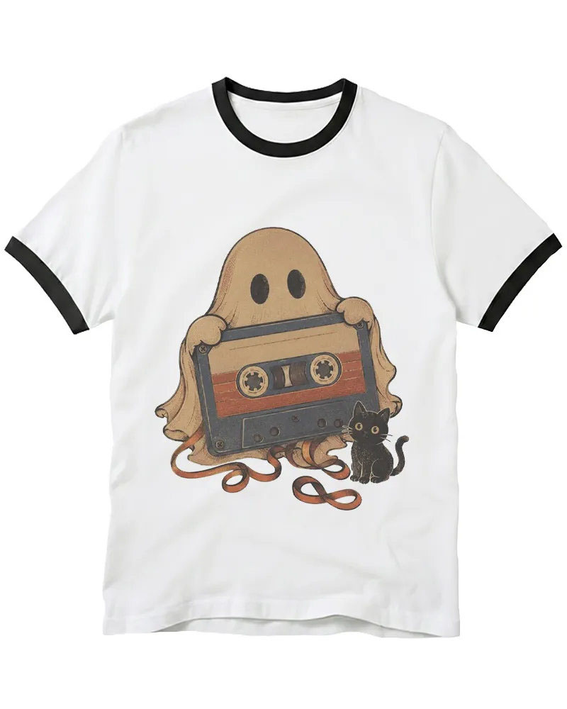Ghost Cassette Tape Halloween 1980s Ringer T-shirt