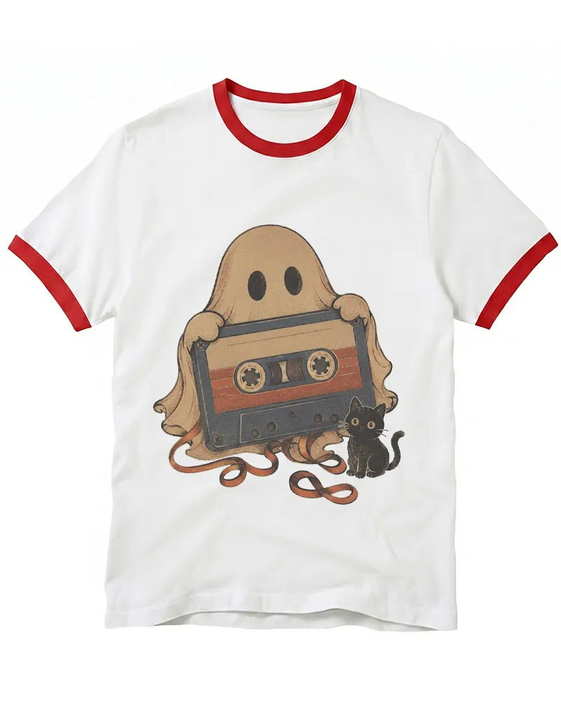Ghost Cassette Tape Halloween 1980s Ringer T-shirt