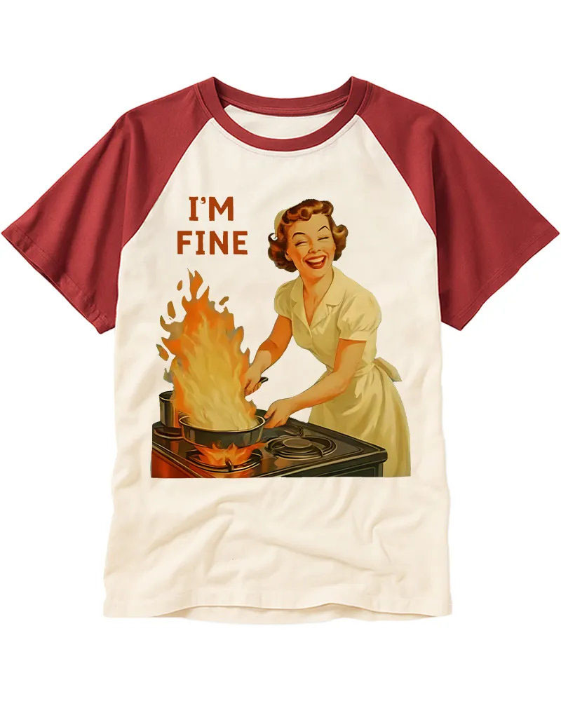 Vintage Retro Woman Cooking Chaos Printed Cotton Raglan Shirt