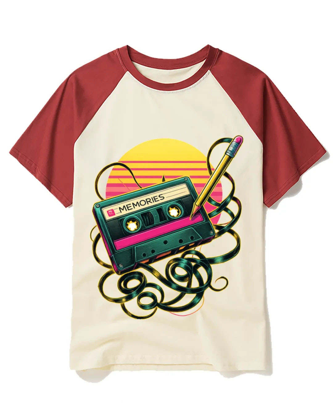 Retro Cassette and Pencil Raglan Baseball T-Shirt