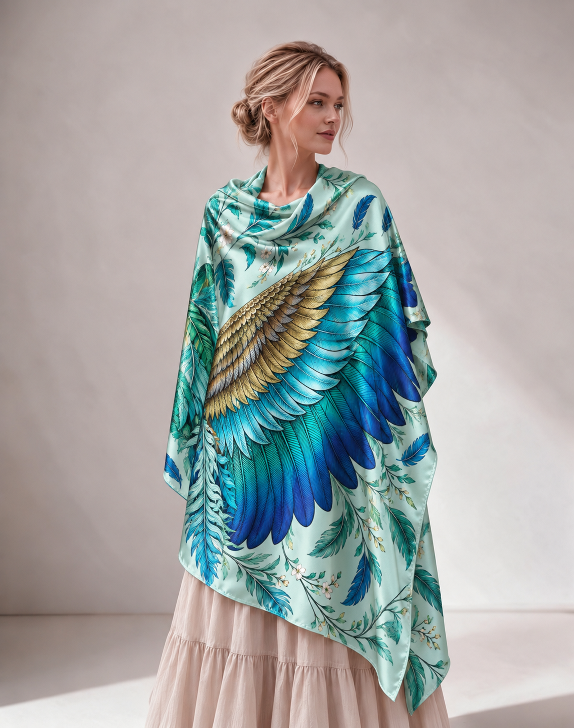 Vibrant Wing Feather Print Satin Shawl