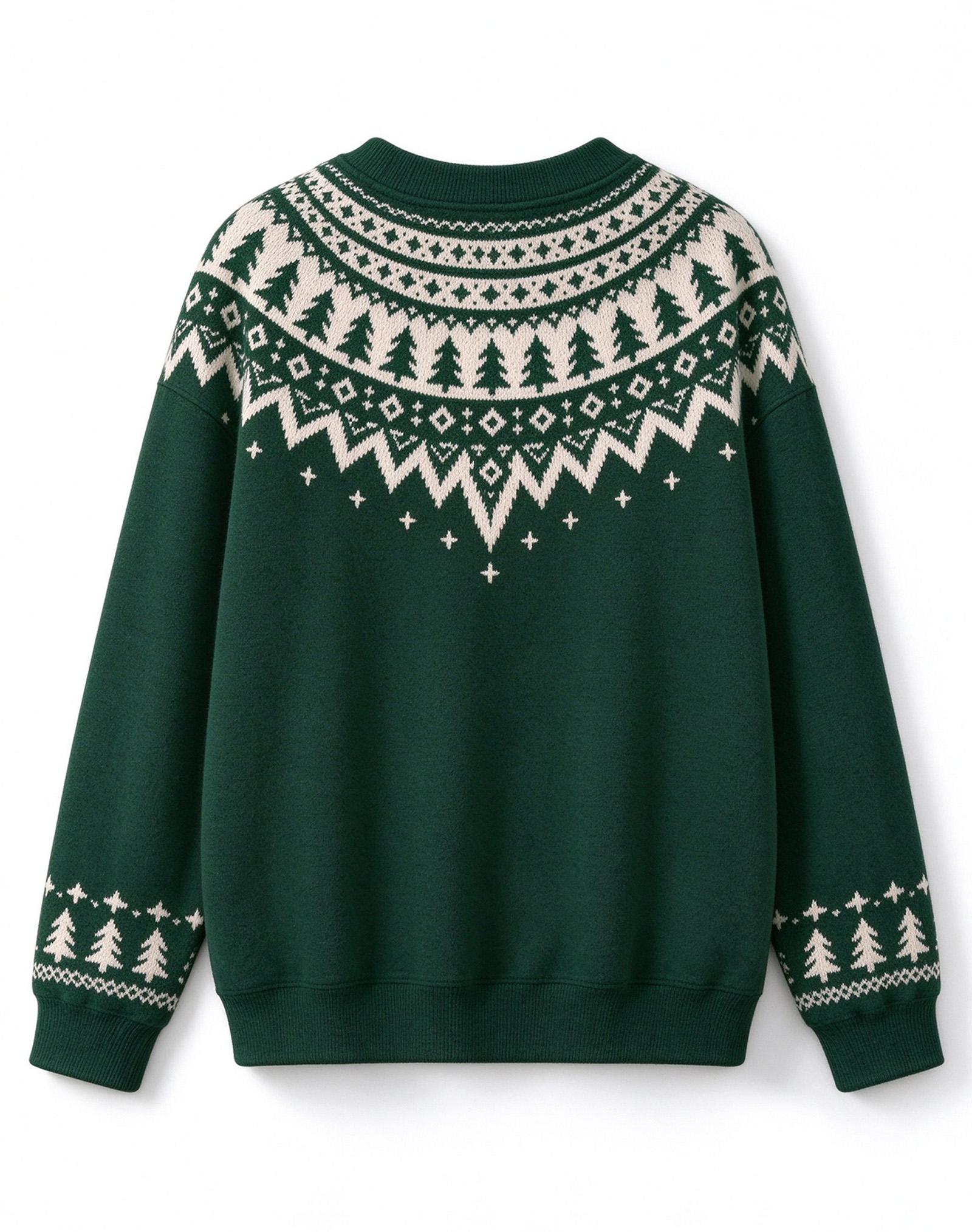 Forest Green Fair Isle Christmas Tree Crew Neck Knit Sweater, Vintage Nordic Winter Holiday Sweater