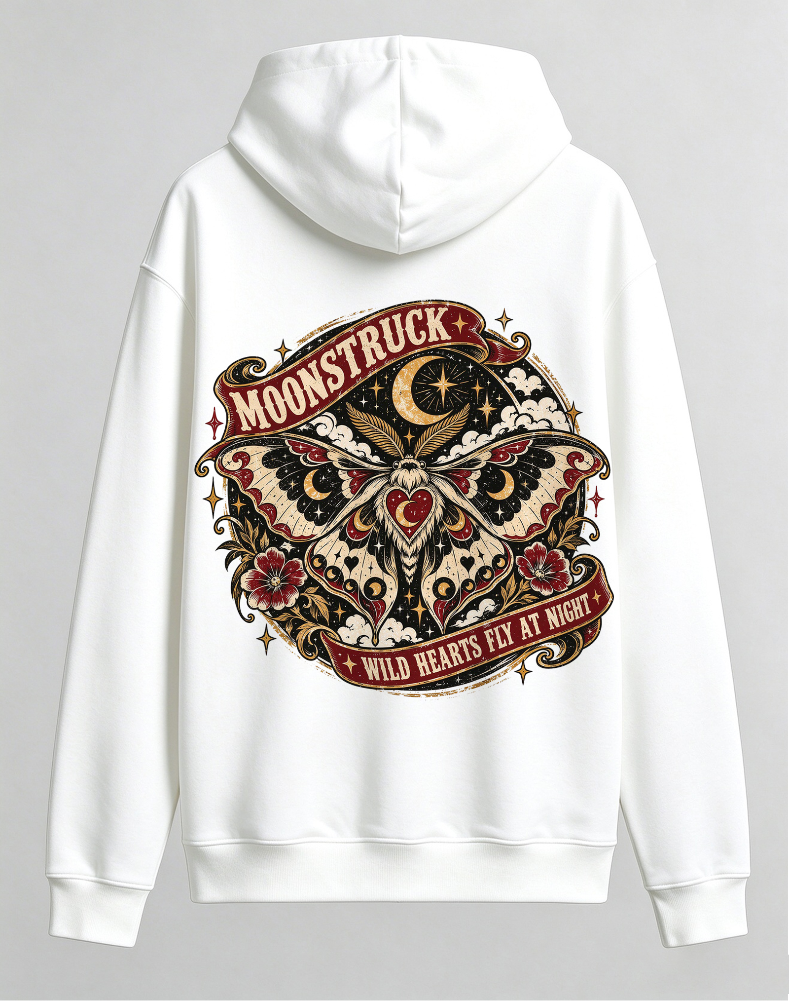 Retro Gothic Moonstruck Moth Hoodie, Wild Hearts Fly At Night Dark Romance Halloween Back Print Hooded Sweatshirt