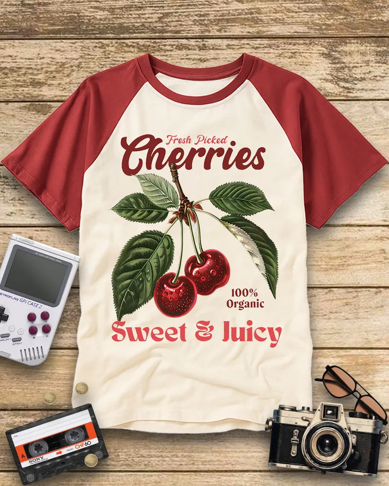 Retro Organic Cherry Botanical Print Raglan Tee