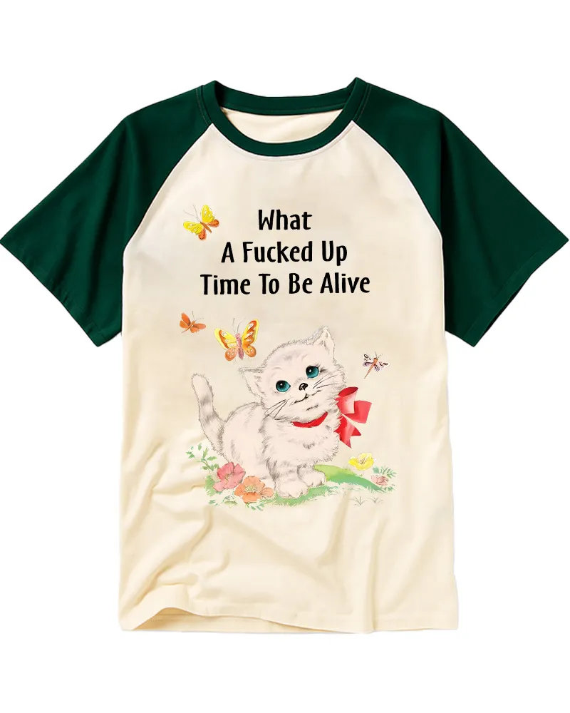 Vintage Whimsical Kitten & Floral Raglan Tee
