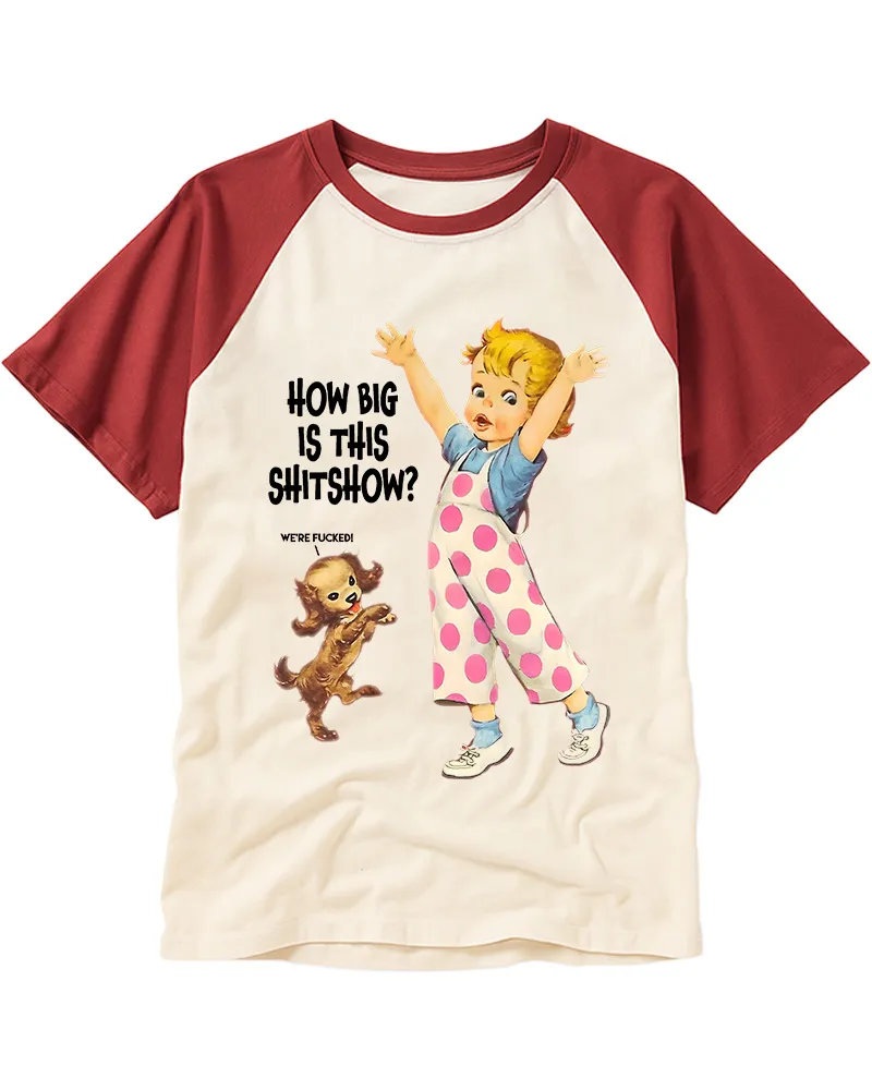 Retro Cartoon Kid Puppy Print Cotton Raglan Tee