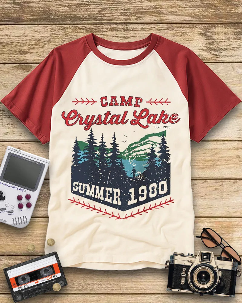 Vintage Distressed Lake & Pine Trees Cotton Raglan Shirt