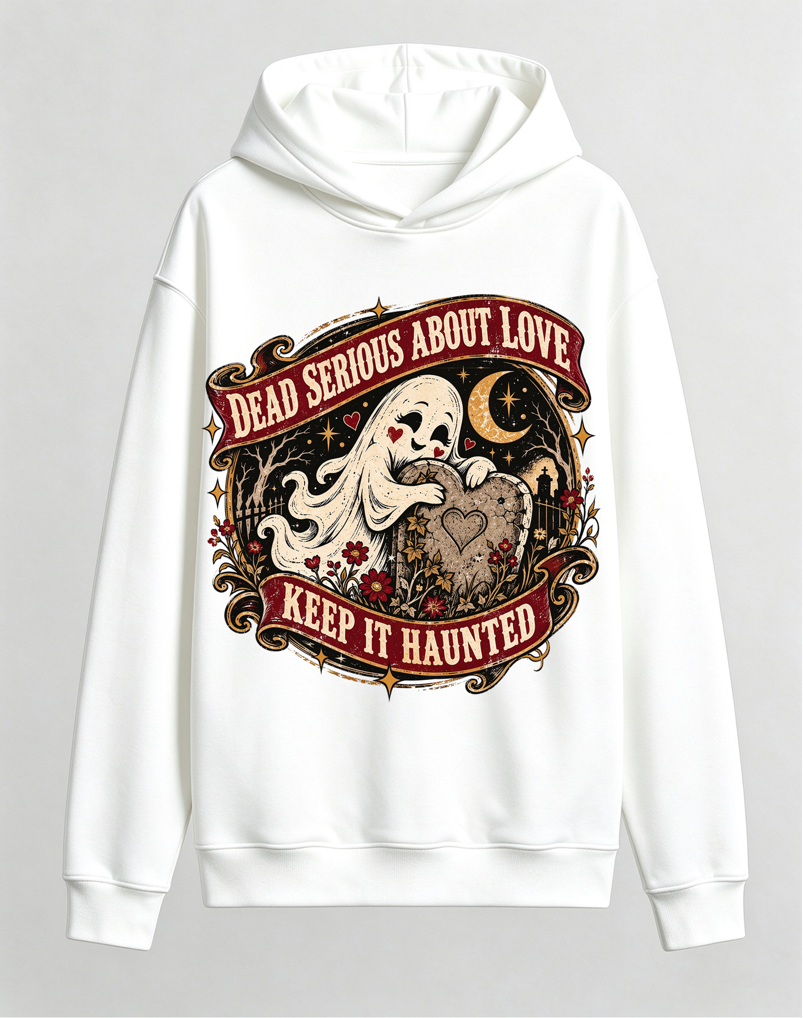 Retro Gothic Ghost Halloween Hoodie, Dead Serious About Love Tombstone Graveyard Front Print Hooded Sweatshirt