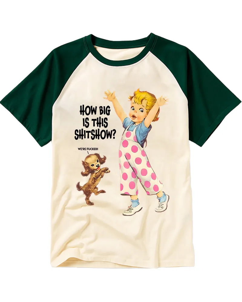 Retro Cartoon Kid Puppy Print Cotton Raglan Tee