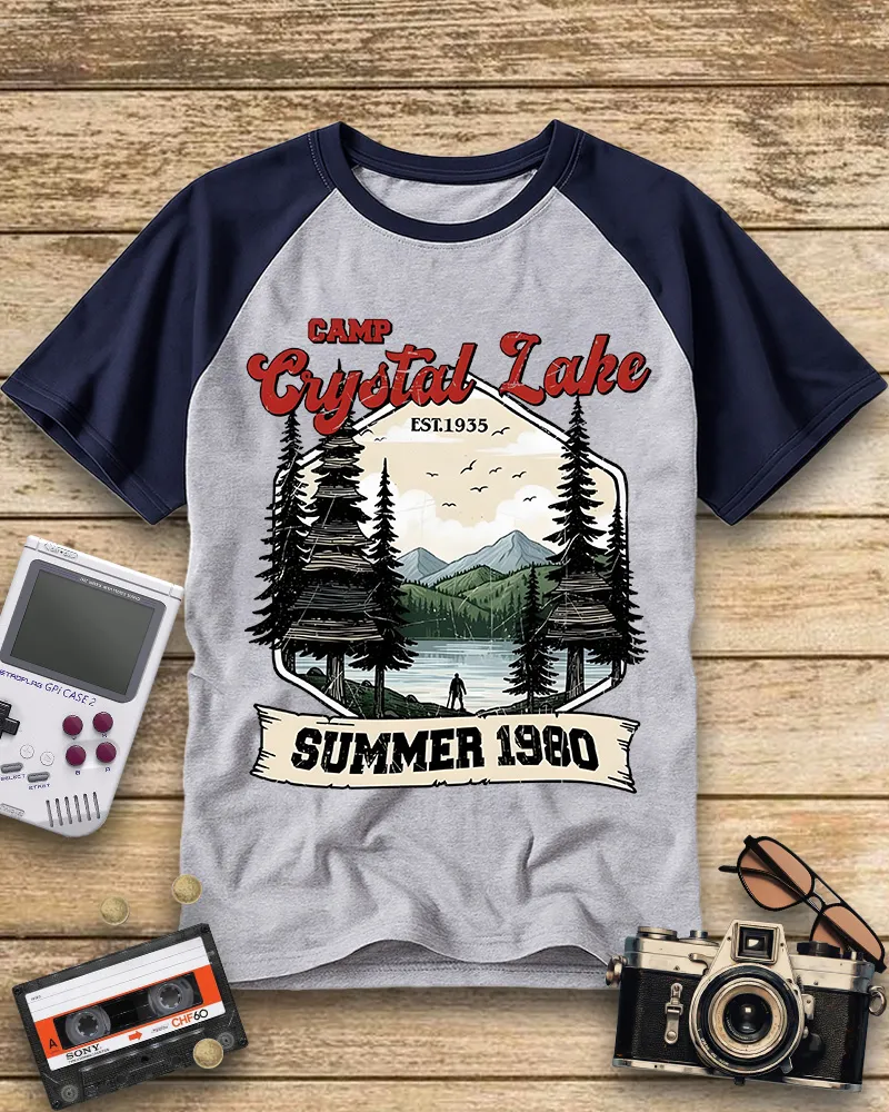 Vintage Lake Camp Scene Horror Raglan Tee