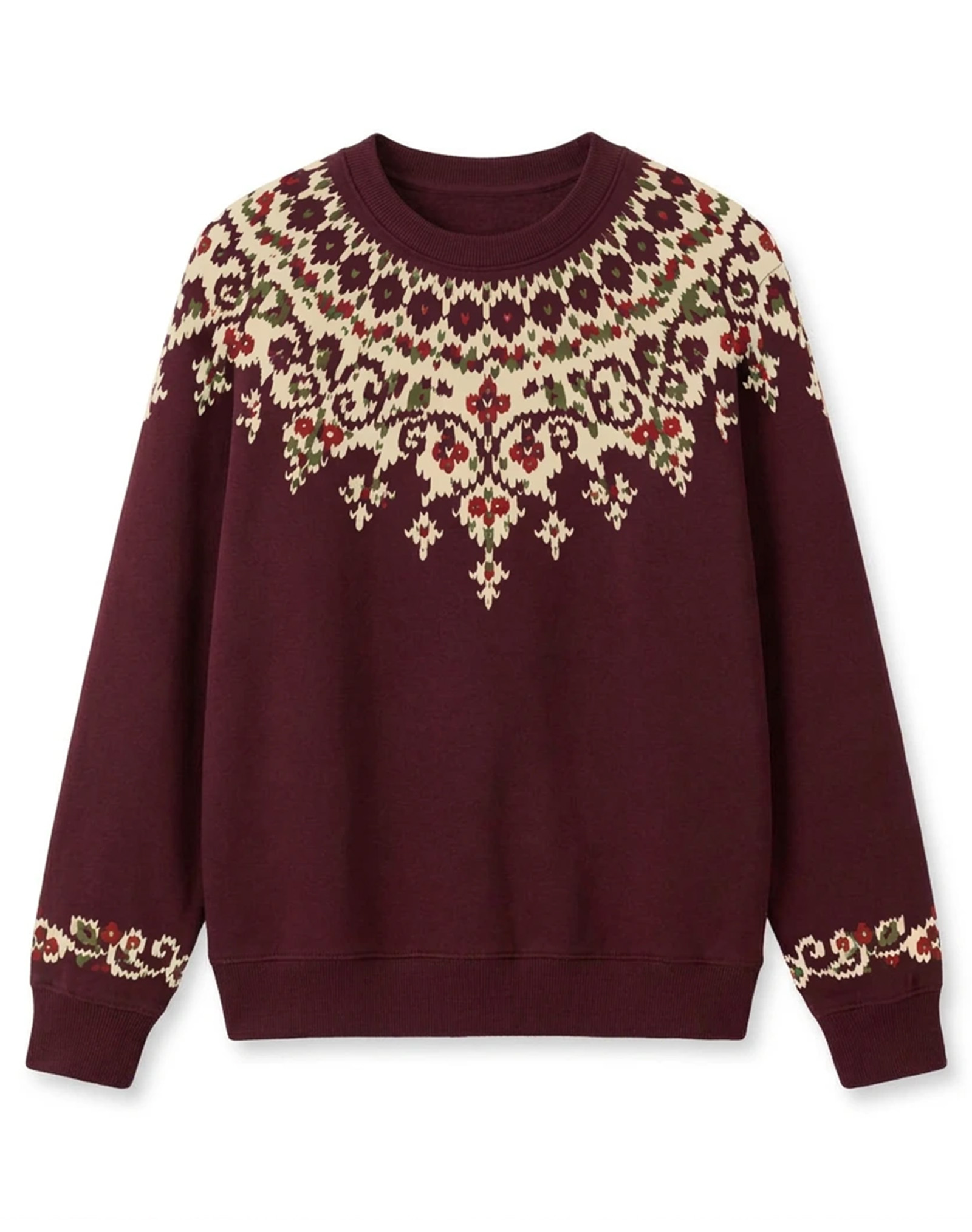 Burgundy Fair Isle Vintage Floral Crew Neck Knit Sweater, Retro Nordic Casual Winter Sweater