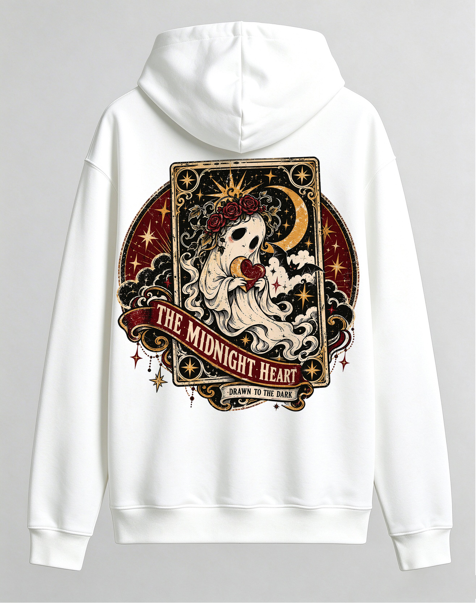 Retro Gothic Tarot Ghost Hoodie, The Midnight Heart Dark Romance Halloween Tarot Card Back Print Hooded Sweatshirt