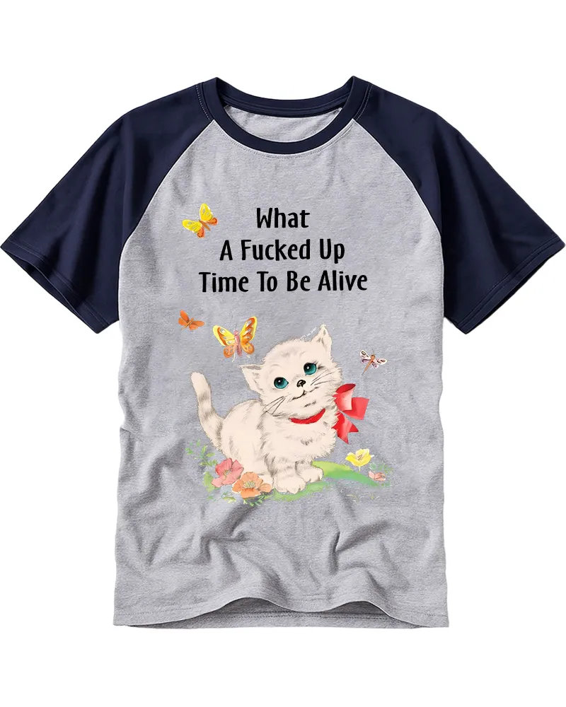 Vintage Whimsical Kitten & Floral Raglan Tee