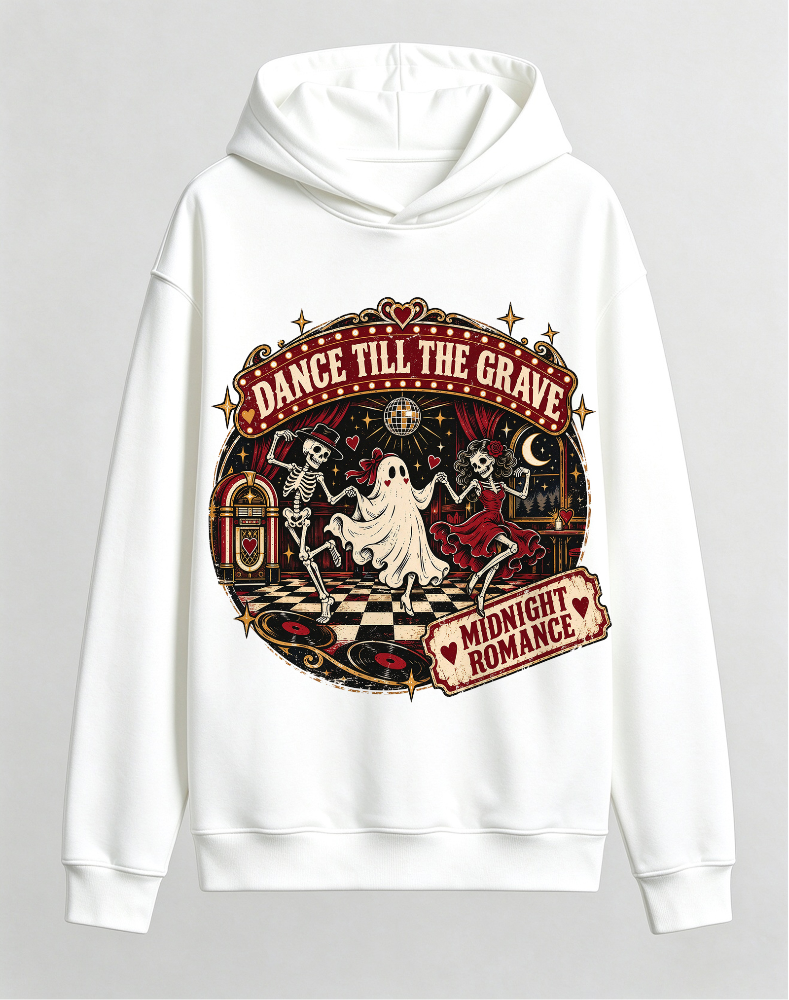 Retro Gothic Dance Till The Grave Hoodie, Midnight Romance Disco Party Dark Romance Halloween Front Print Hooded Sweatshirt