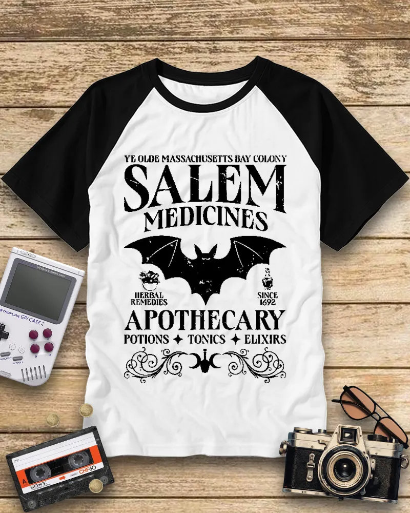 Vintage Gothic Bat Print Baseball Tee
