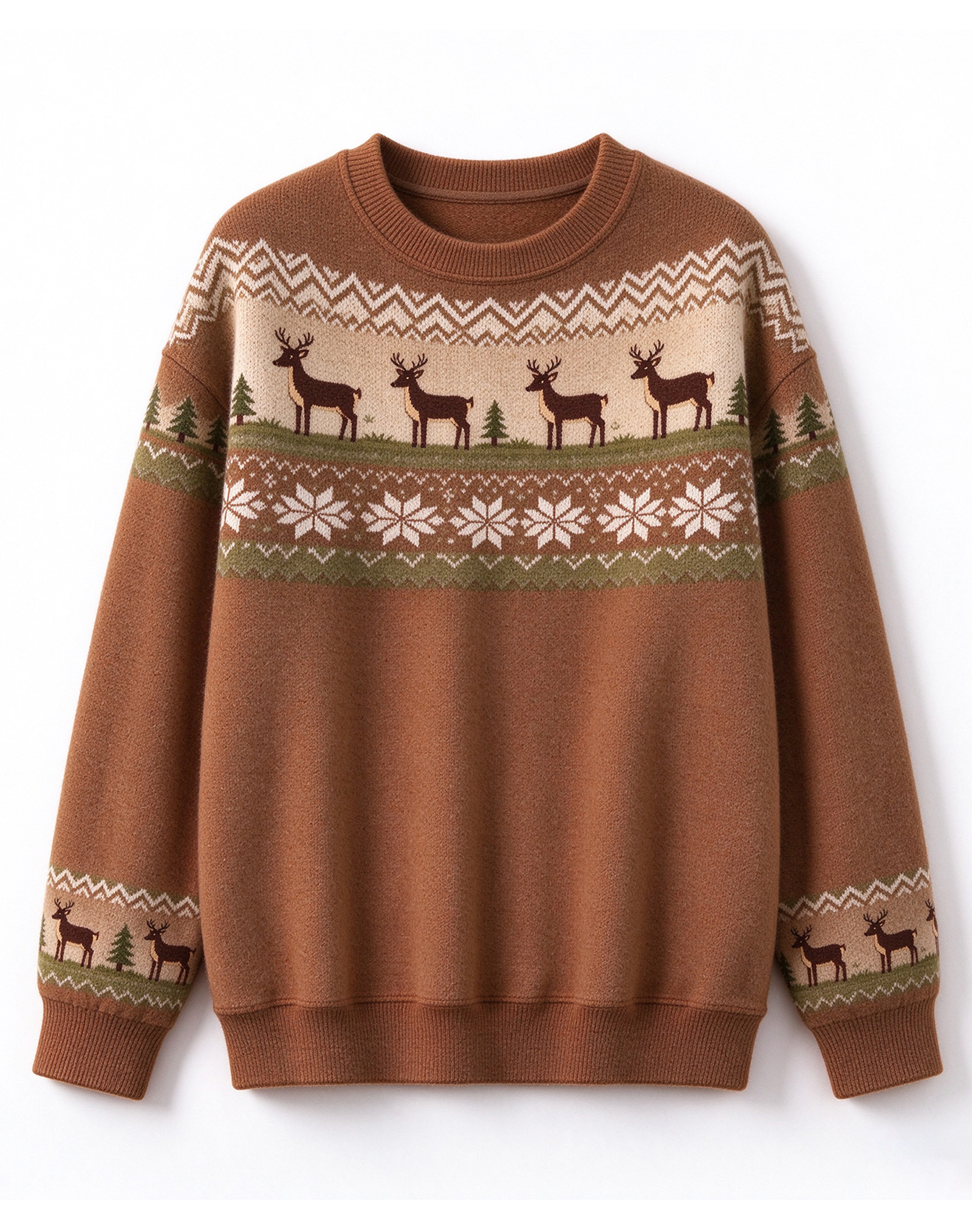 Caramel Brown Fair Isle Reindeer Crew Neck Knit Sweater, Vintage Nordic Casual Winter Sweater