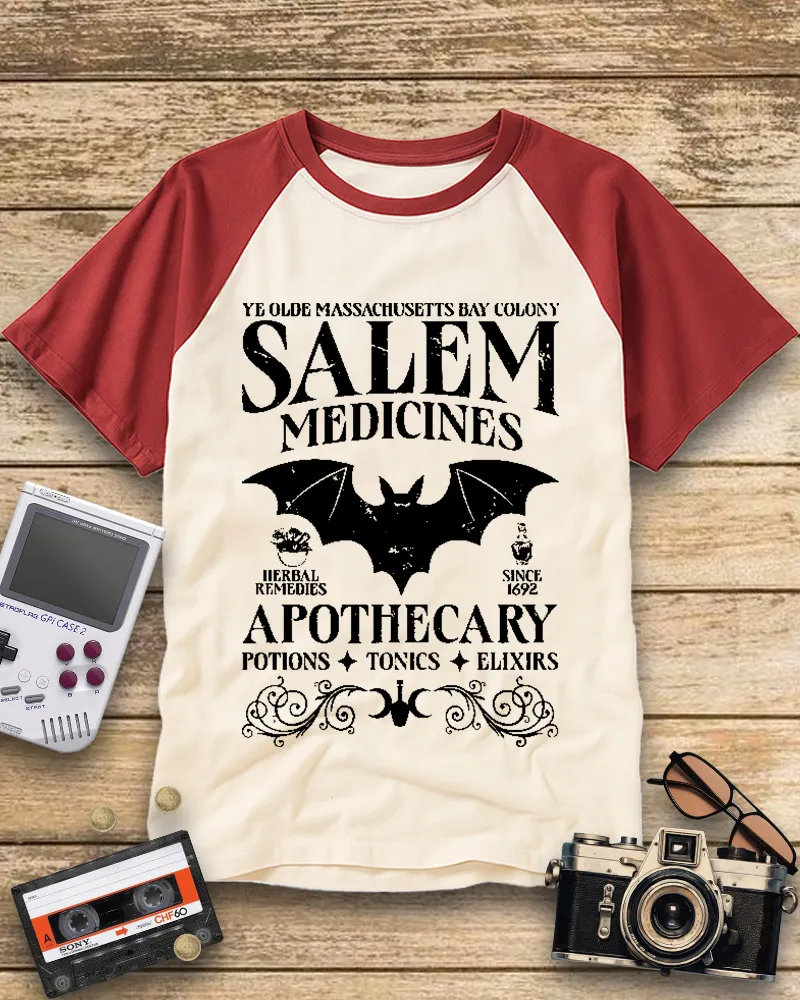 Vintage Gothic Bat Print Baseball Tee