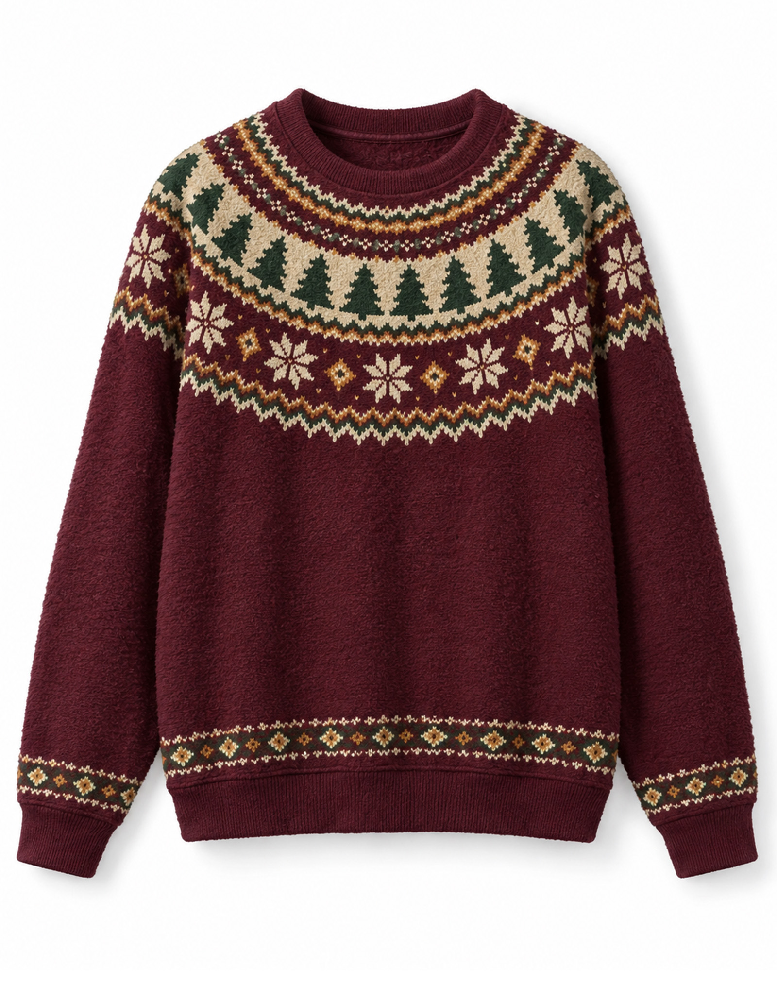 Burgundy Fair Isle Nordic Christmas Tree Snowflake Crew Neck Sweater