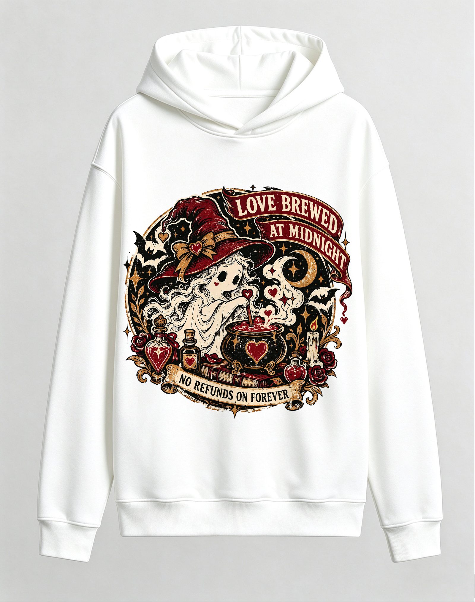 Retro Gothic Witch Ghost Halloween Hoodie, Love Brewed At Midnight Potion Cauldron Front Print Hooded Sweatshirt