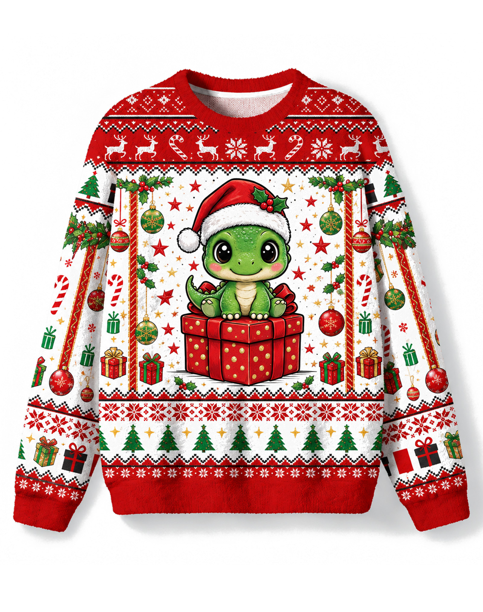 Unisex Cartoon Dinosaur With Santa Hat Christmas Jumper Holiday Sweater