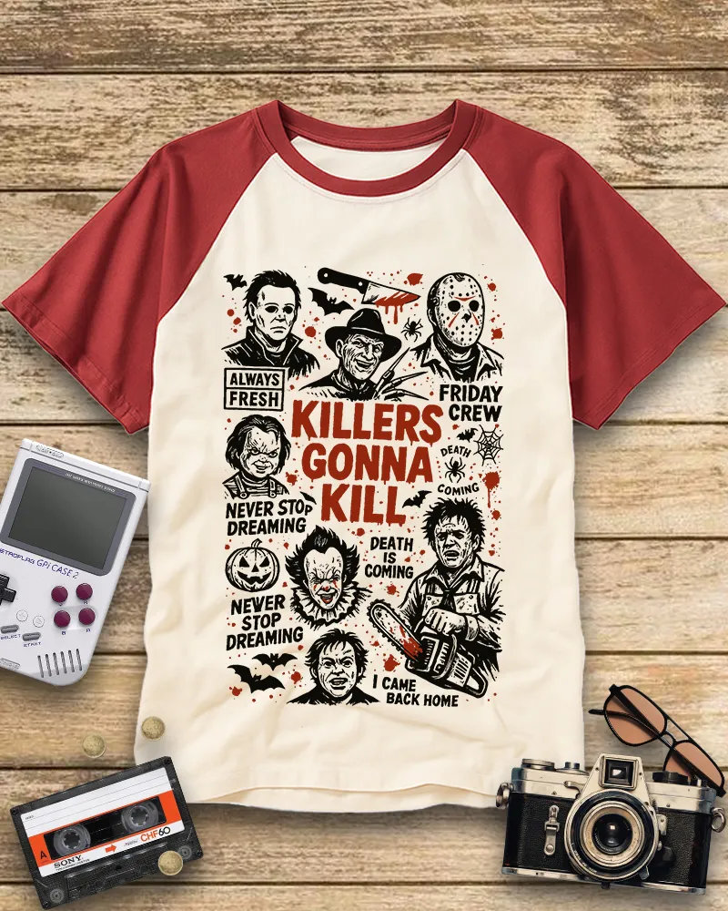 Spooky Retro Horror Icons Raglan Tee