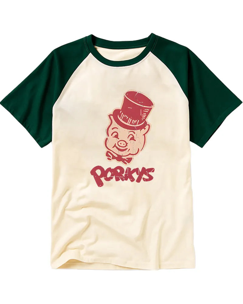 Retro Cartoon Pig Logo Cotton Raglan Tee