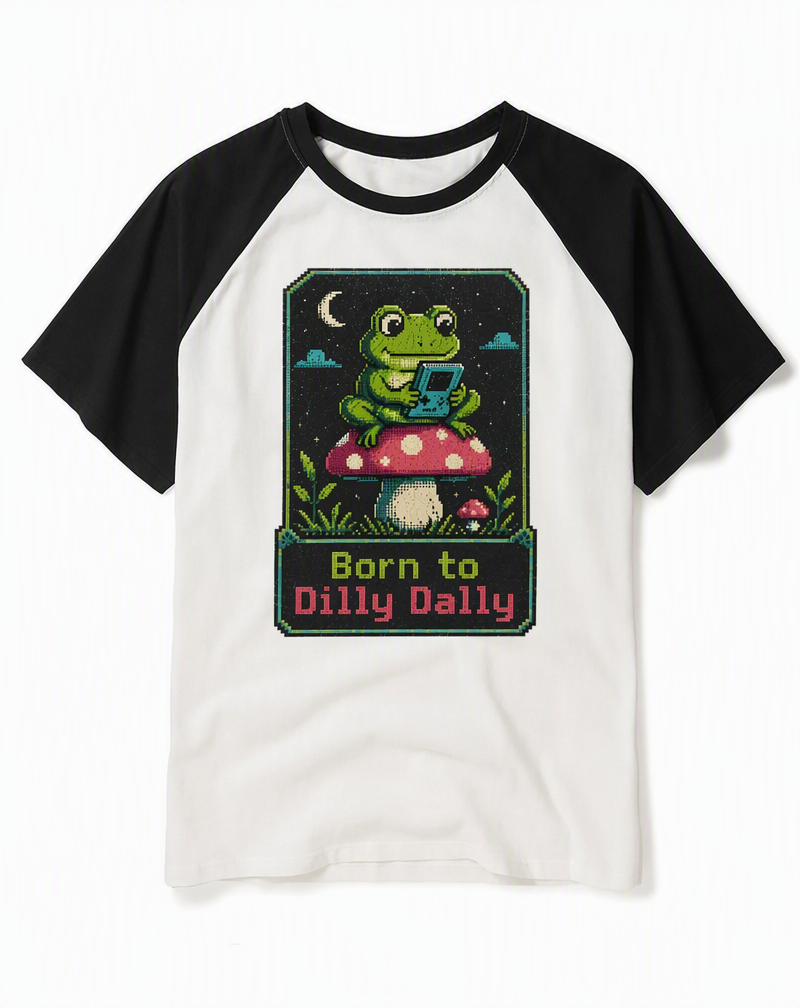 Retro 8-Bit "Born to Dilly Dally" Frog Gamer Raglan Baseball Tee