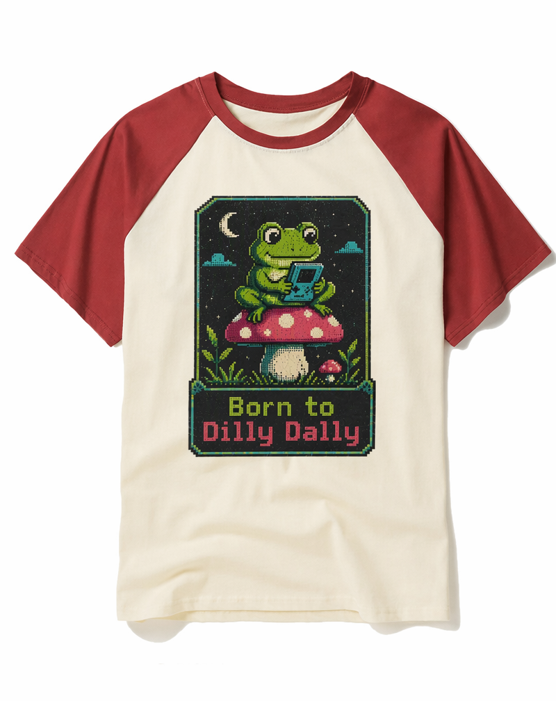 Retro 8-Bit "Born to Dilly Dally" Frog Gamer Raglan Baseball Tee