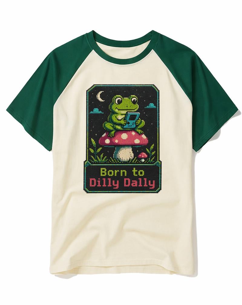 Retro 8-Bit "Born to Dilly Dally" Frog Gamer Raglan Baseball Tee