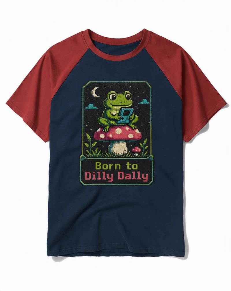 Retro 8-Bit "Born to Dilly Dally" Frog Gamer Raglan Baseball Tee