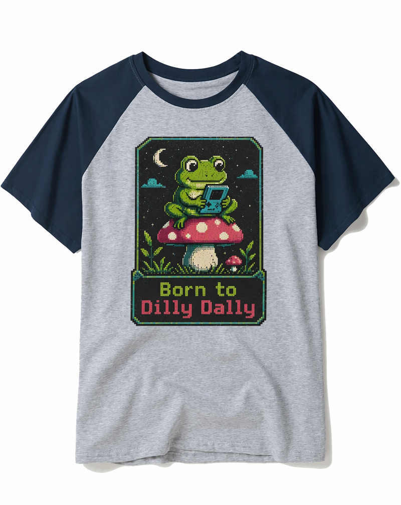 Retro 8-Bit "Born to Dilly Dally" Frog Gamer Raglan Baseball Tee
