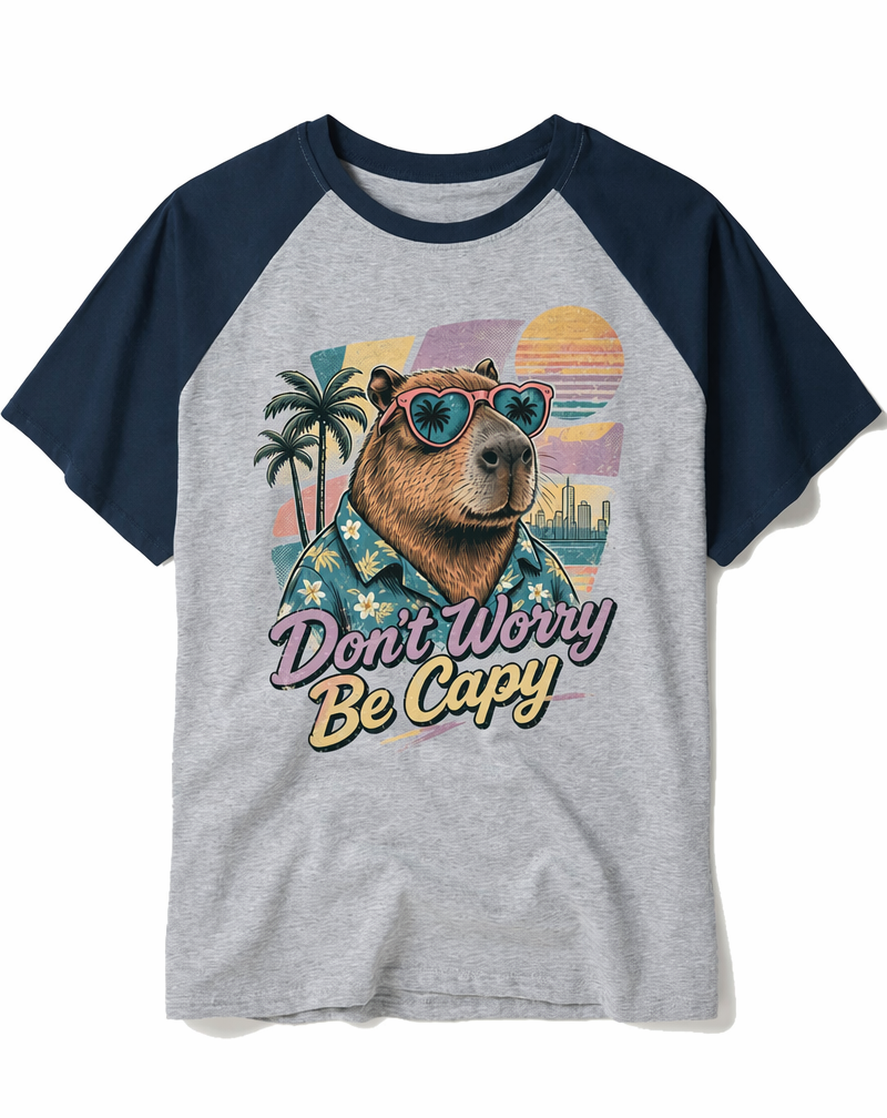 "Don't Worry Be Capy" Vaporwave Capybara Raglan Tee