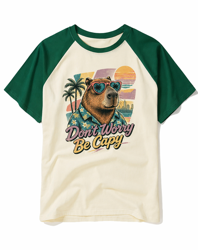 "Don't Worry Be Capy" Vaporwave Capybara Raglan Tee